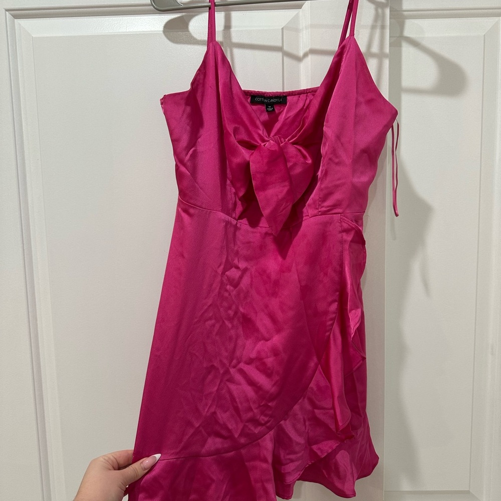 Vibrant Pink Satin Dress with Bow